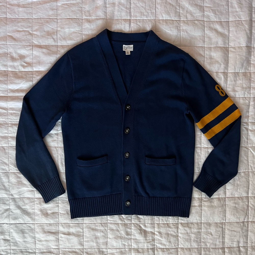 J Crew Navy & Yellow "83" Heritage Cotton Knit Cardigan Varsity Letterman - Med